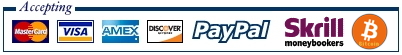 accepting credit cards, PayPal, Direct debit, Skrill, Bitcoin, Alfa-Click, Alipay
